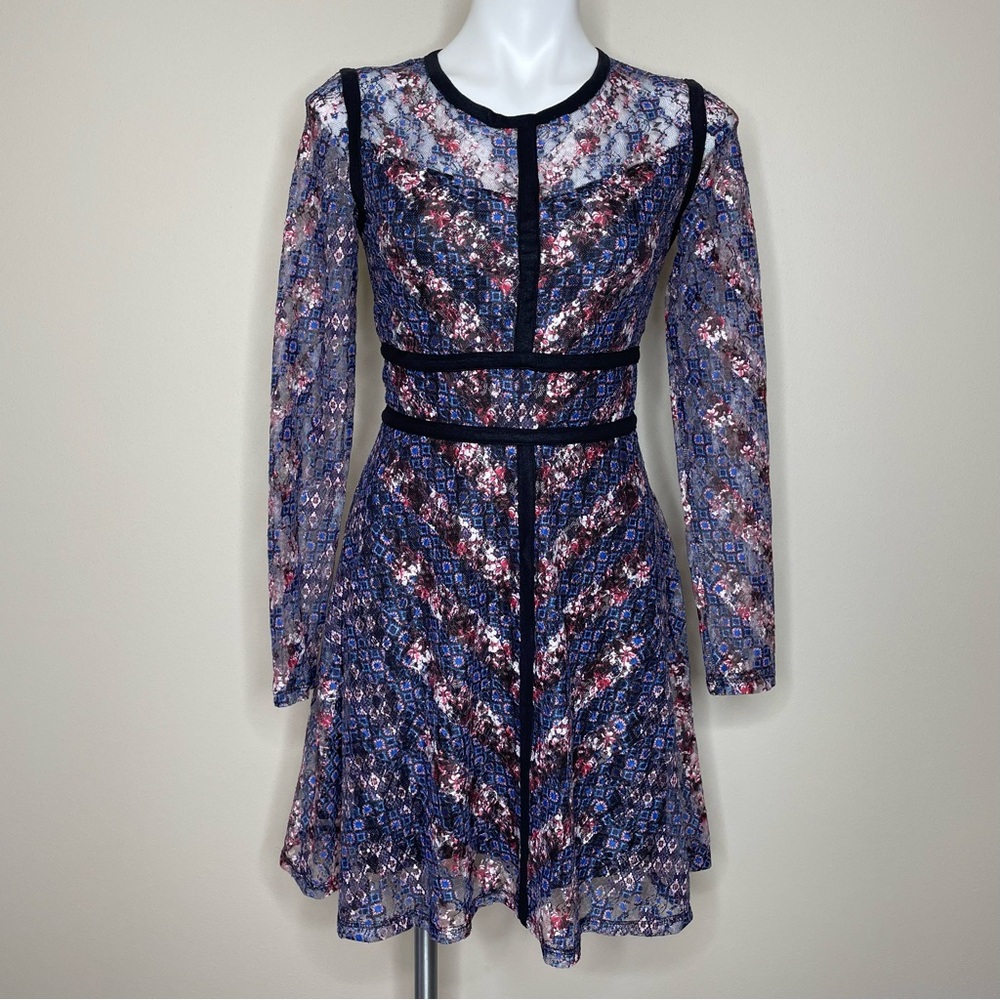 Xhilaration Navy/Rose Floral and Chevron Long Sleeve Lace Dress with Black Trim